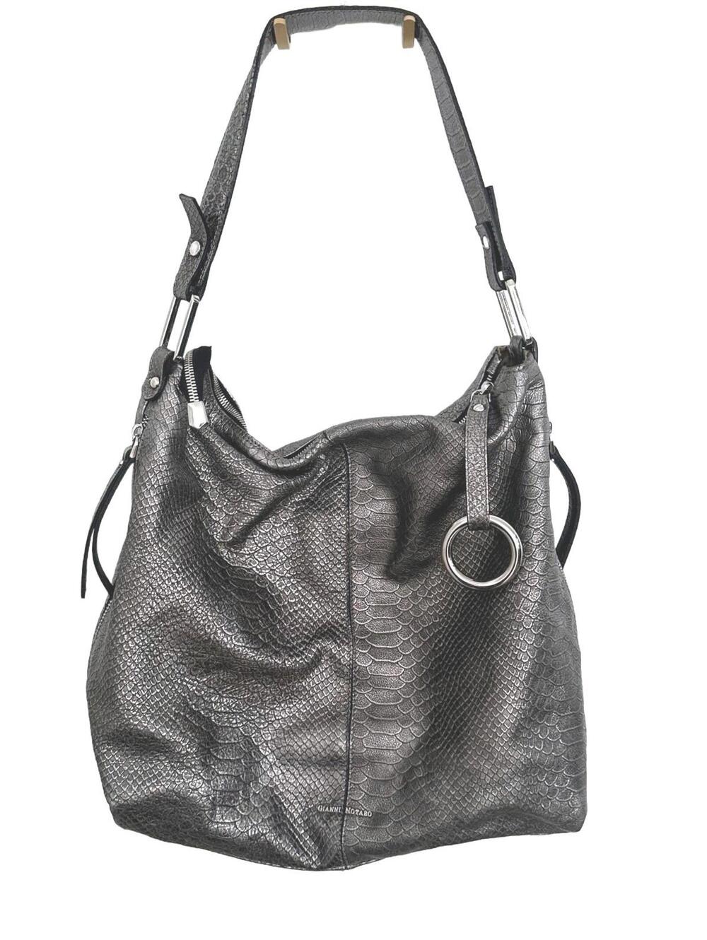 Gianni Notaro Silver Snake Textured 100% Leather Made in Italy Shoulder Bag